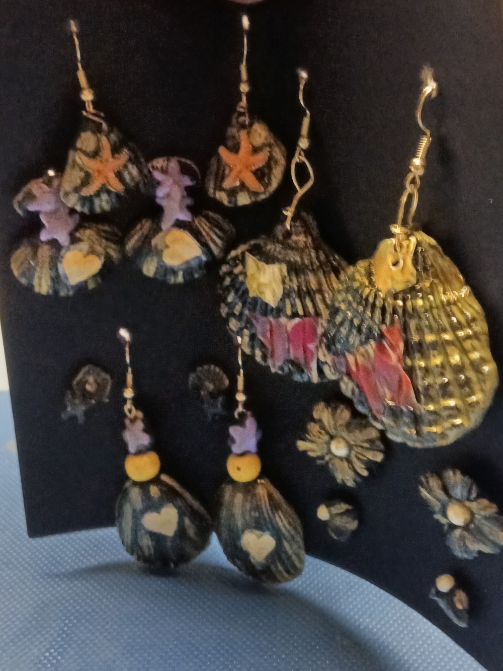 Hand-Painted Polymer Clay And Resin Seashell Earring Set Black / Gold Collection
